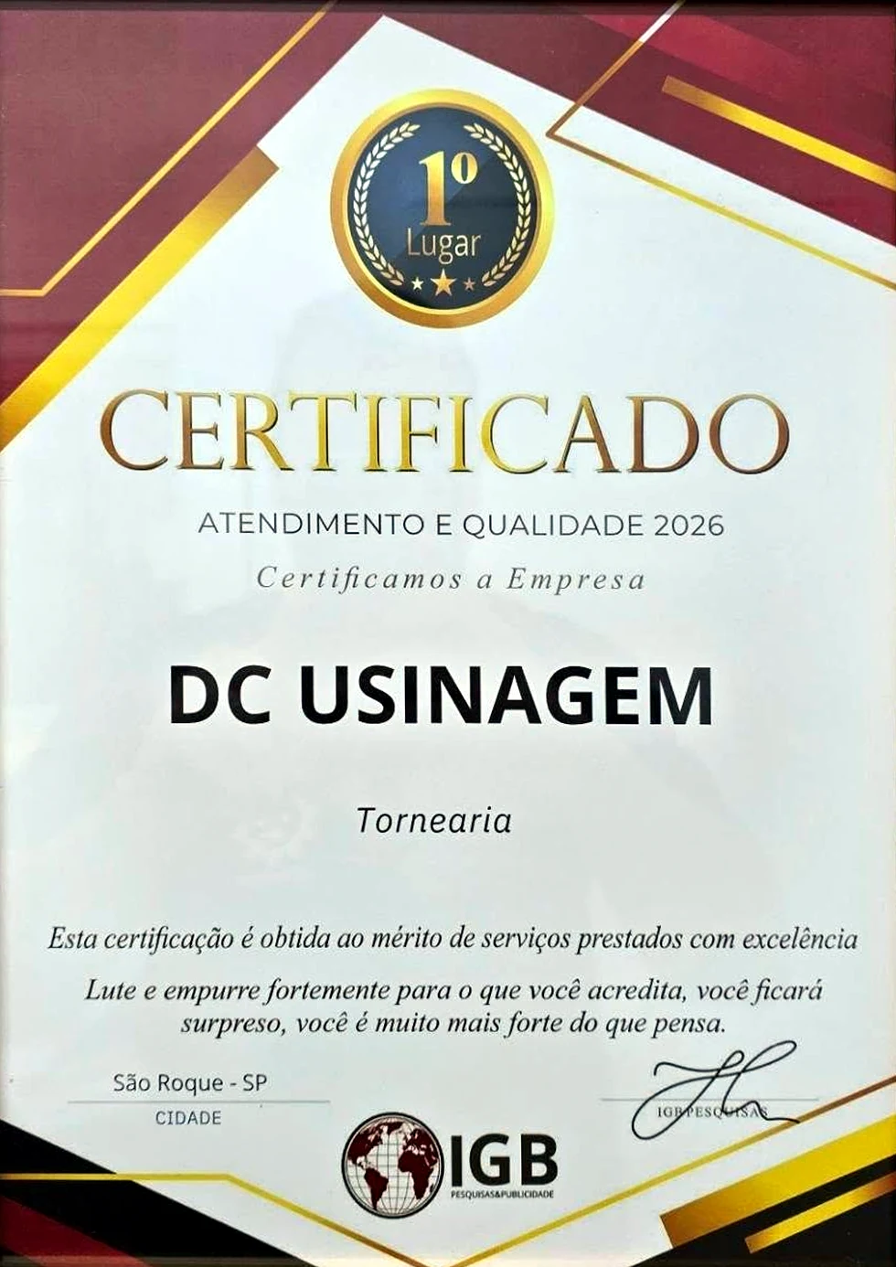 Certificado de 1º lugar em Atendimento e Qualidade 2026 da DC Usinagem, São Roque/SP